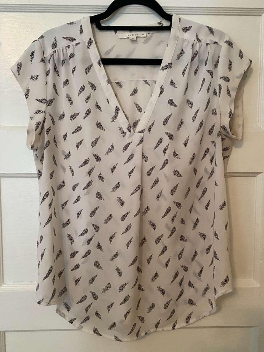 Lightweight V-Neck Blouse with Black Feather Print